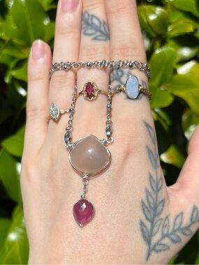 Chalcedony and pink sapphire double dangle interchangeable necklace
